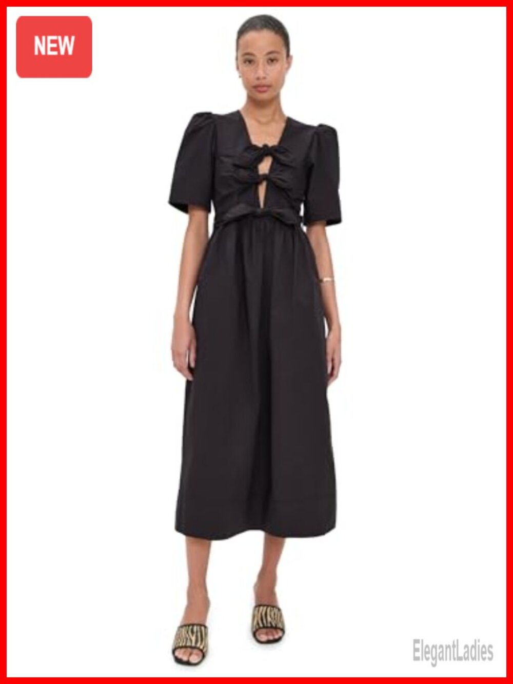 Ganni Stretch Cotton Tie Strap Midi Dress Pleated Puff Sleeve V-Neck Casual